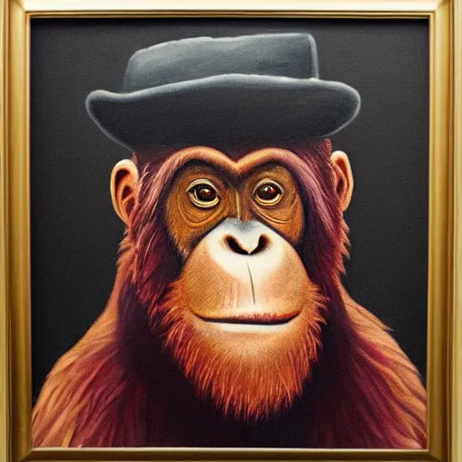 Prompt: framed portrait painting of an anthropomorphized orangutan, wearing a monocle and a small bowler hat, oversized mustache. dark outlining style. highly detailed