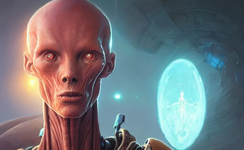 Image similar to highly detailed portrait of a sectoid, in xcom, stephen bliss, unreal engine, fantasy art by greg rutkowski, loish, rhads, ferdinand knab, makoto shinkai and lois van baarle, ilya kuvshinov, rossdraws, tom bagshaw, global illumination, radiant light, detailed and intricate environment