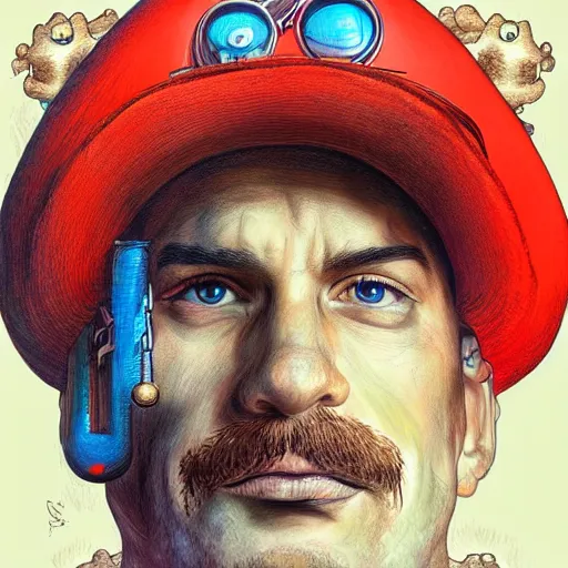 Image similar to a realistic portrait of super mario surrounded by mushrooms by android jones