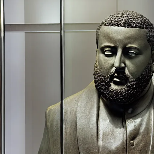 Prompt: a granite statue of dj khaled, inside of a large glass display inside of a museum, photograph