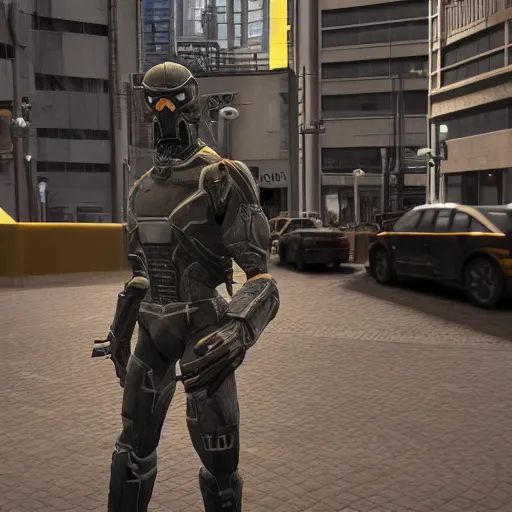 Image similar to cinematic shot of a half-life combine soldier standing in a city, 8k, very intricate, very detailed,