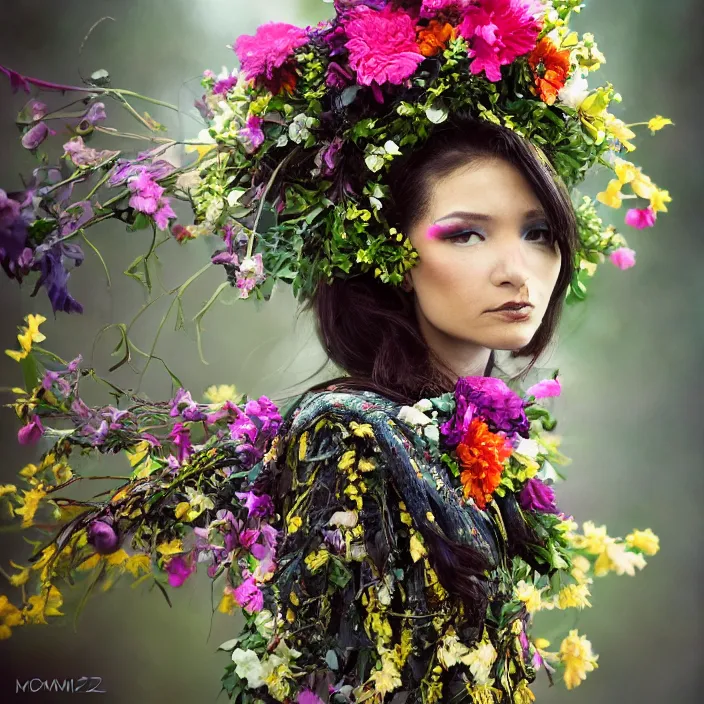 Image similar to a beauty alien wearing a cloak made of flowers, by Omar Z. Robles, CANON Eos C300, ƒ1.8, 35mm, 8K, medium-format print