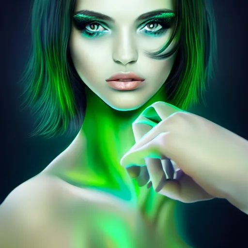 Image similar to photorealistic portrait of beautiful toxic girl, black hair, blue eyes, smooth face, perfect eyes, half body shot, elegant, realistic, glowing skin, detailed face, green colours, sharp focus