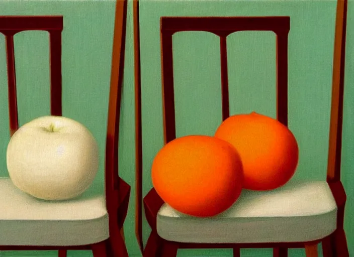 Prompt: white canvas texture on a painting by rene magritte showing 2 chairs like apples and oranges. elegant, highly detailed, artstation, smooth, sharp focus