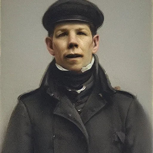 Prompt: thirty years old Lee Evans as a ((sad)) 19th century, eastern european postman (without bead and without mustache). detailed, soft focus, interesting lights, realistic style, shadows, higher contrasts, afternoon lights, hyperdetailed, oil canvas, character concept art by philip hermogenes calderon, and da Vinci