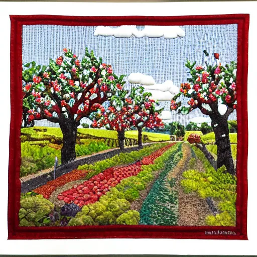Image similar to A beautiful street art depicting a farm scene. The street art shows a view of an orchard with trees in bloom. appliqué needlework, Hadean by Charles Camoin, by Ed Binkley bleak, earthy