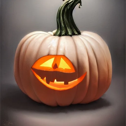 Image similar to epic masterpiece of cinematographic hyperrealism where a man dressed as a halloween pumpkin appears, the background of the image is white. realistic shaded lighting poster by craig mallismo, artgerm, jeremy lipkin and michael garmash, unreal engine, radiant light, detailed and intricate environment, digital art, art station trends