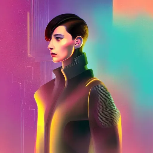 Image similar to portrait handsome androgynous sci - fi girl, blade runner 2 0 4 9, futuristic metropolis background, drones, digital art, pop art by hsiao - ron cheng