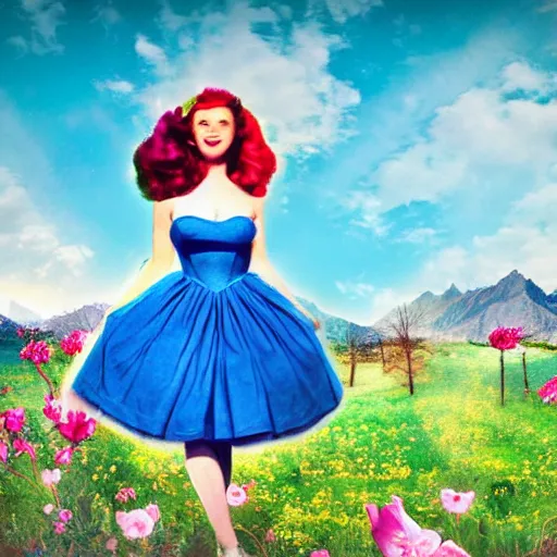 Image similar to giant alice in wonderland, pin up, houses, trees, mountains, woman, city, digital art, photo, blue dress, photoshop, flowers, collage