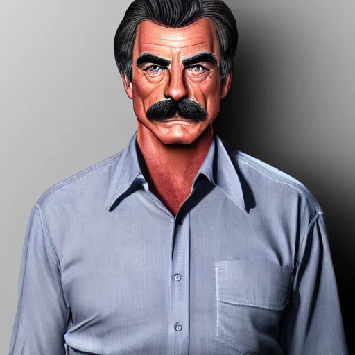 Image similar to The Lovechild of Tom Selleck and Sam Elliott, real life, hyperrealistic, ultra realistic, realistic, highly detailed, epic, HD quality, 8k resolution, body and headshot, front facing, front view, headshot and bodyshot, detailed face, very detailed face