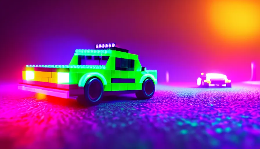 Prompt: luminescent lego car driving on a neon road into the distance with glowing cyberpunk signs leaving long glowing trails, top rear view, dark magical forest, synthwave, octane render, purple fog, futuristic, sunset, purple rays, reflective mirror puddles, beautiful lighting, ultra realistic, highly detailed, 8 k