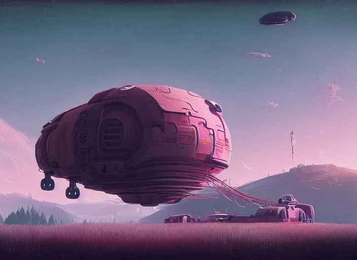 Prompt: a spaceship in a stunning landscape by simon stalenhag