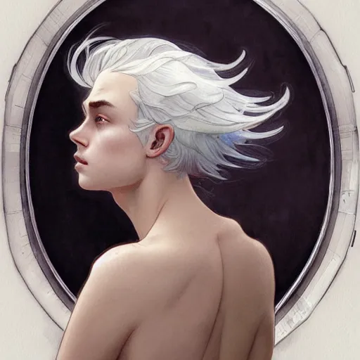 Image similar to young boy, white hair, gorgeous, amazing, delicate, elegant, intricate, highly detailed, watercolor, portrait, artstation, concept art, sharp focus, illustration, art by artgerm and greg rutkowski and alphonse mucha