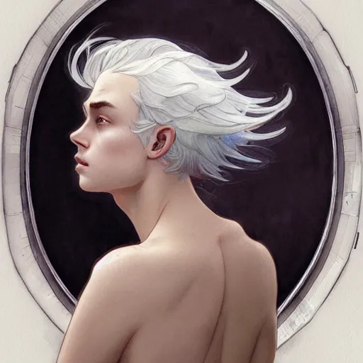 Prompt: young boy, white hair, gorgeous, amazing, delicate, elegant, intricate, highly detailed, watercolor, portrait, artstation, concept art, sharp focus, illustration, art by artgerm and greg rutkowski and alphonse mucha