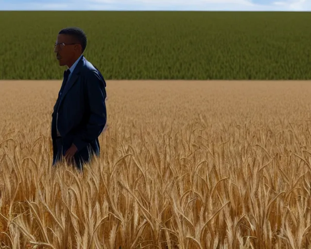 Image similar to extreme long shot of walter white and gustavo fring stand facing each other from a distance in a wheat field, low angle, side view, 8 5 mm photograph, 8 k resolution, wide shot, sharp lens