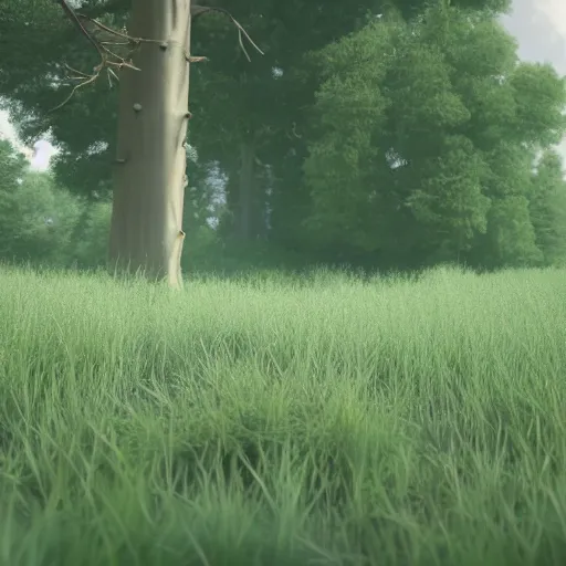 Prompt: Furry trees in a flowery meadow, 4K octane render, volumetric lighting