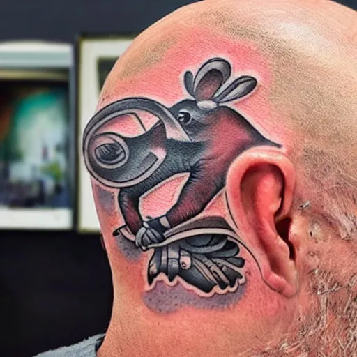 Image similar to an 8 k hdr ultra realistic photo of a contemporary award winning rat tattoo on an old man ’ s bald head