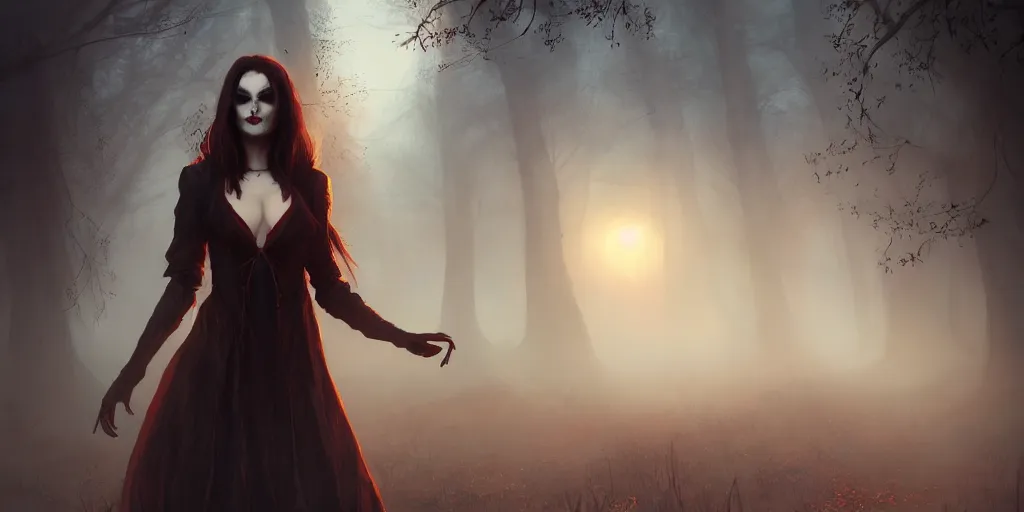 Image similar to a vampire girl smiling mysteriously standing in the mist, golden hour, fantasy, sharp focus, digital art, hyper realistic, 4 k, unreal engine, highly detailed, hd, dramatic lighting by brom, trending on artstation