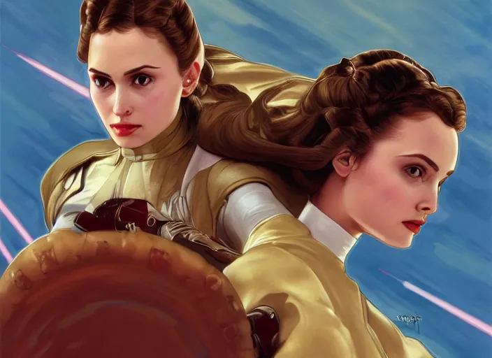 Prompt: highly detailed illustration of padme amidala flying a naboo starfighter, sharp shapes, soft brush strokes, waxy skin, alphonso mucha, risque, pronounced contours, harsh lighting, masterpiece, artstation