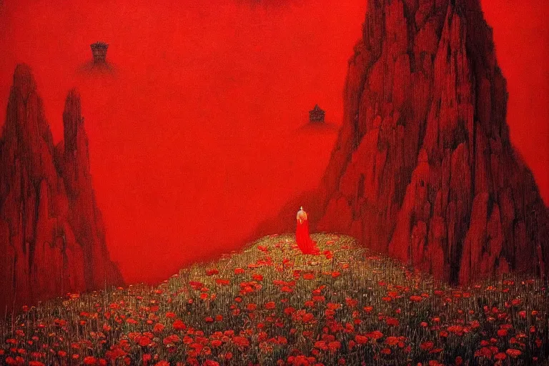 Image similar to only with red, red flowers, a red tiger, a castle in the background, medieval demons, an ancient path, in the style of beksinski, part by hopper, part by rodcenko, part by hofbauer, intricate composition, red by caravaggio, insanely quality, highly detailed, masterpiece, red light, artstation