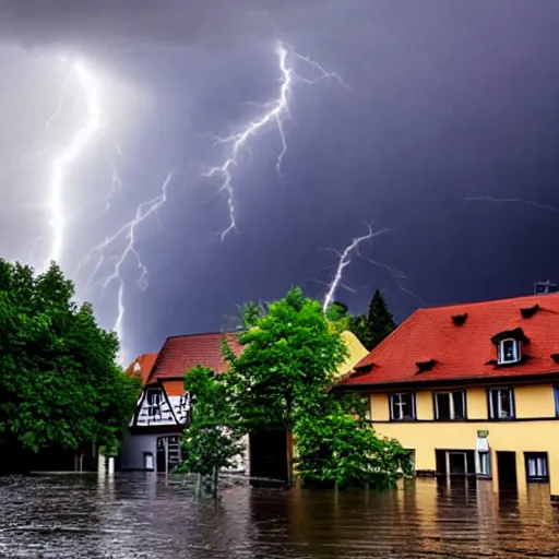 Prompt: a small german town being flooded with a thunderstorm in the background