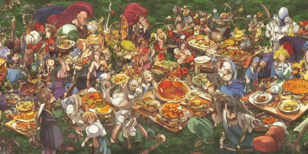 Prompt: A feast for The Moggles of FF6, very detailed, anime, Delicious, Plump, Juicy, Hot Food, large white border, hd, 8k, Unreal Engine 5, high resolution print :1 by Hayao Miyazaki, Nausicaa, studio Ghibli style, Anime wallpaper, cell shading, trending on deviant art :1