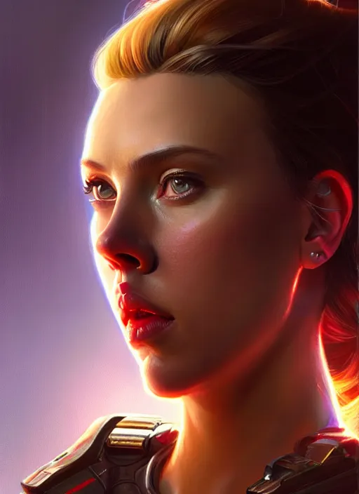 Image similar to portrait of apex legends scarlett johansson, intricate, elegant, glowing lights, highly detailed, digital painting, artstation, glamor pose, concept art, smooth, sharp focus, illustration, art by artgerm and greg rutkowski, artey freytag