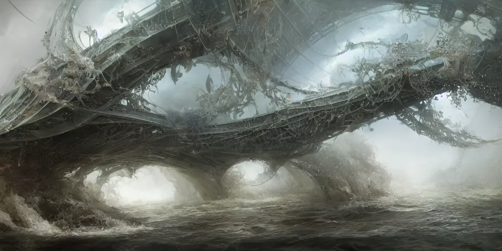 Image similar to study material with side perspective, transparent water River flow, realistic water foam,agua droplets, underwater, bridge made of water ,physically based rendering, defined features by ellen jewett, tomasz alen kopera and Justin Gerard