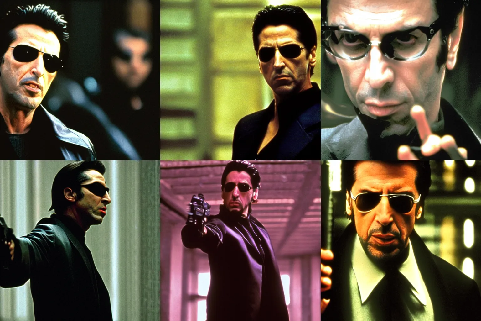 Prompt: Al Pacino as neo in the matrix, wide shot.
