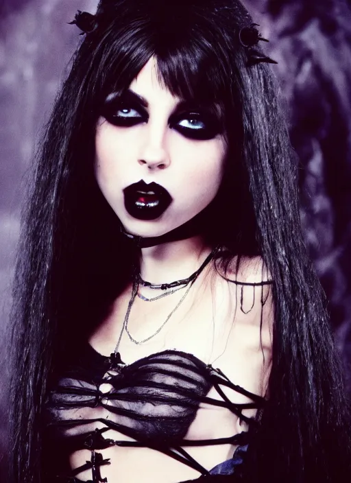 Image similar to candid photo of riley reid as a gothic vampire in the 1 9 9 0 s, 4 k photorealistic