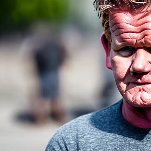 Prompt: dslr photo still of sad gordon ramsay sitting on a park bench with a tear on his cheek, 8 k, 1 1 0 mm f 1 6