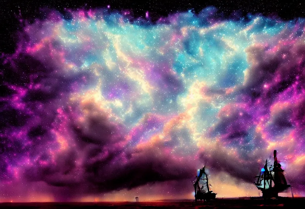 Image similar to purple color lighting storm with stormy sea close up of a pirate ship firing its cannons trippy nebula sky with dramatic clouds painting by banksy