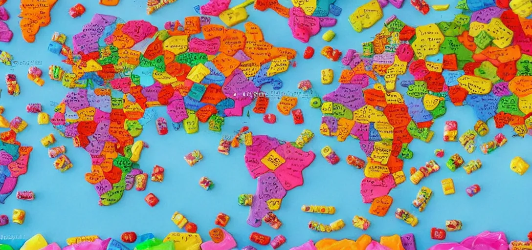 Image similar to world map made out of candy pieces