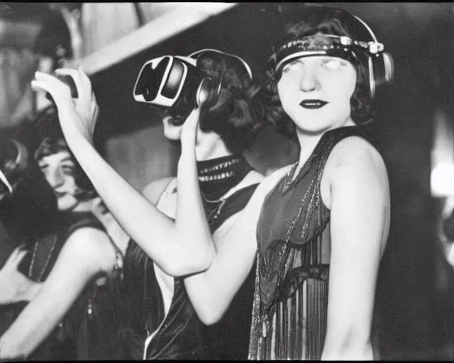 Image similar to 1 9 2 0 s photo of a flapper girl wearing a vr headset on a stage in a speakeasy