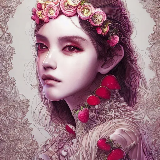 Image similar to the portrait of an absurdly beautiful, graceful, elegant, sophisticated, fashionable young gravure idol made of strawberries and white petals, an ultrafine hyperdetailed illustration by kim jung gi, irakli nadar, intricate linework, bright colors, octopath traveler, final fantasy, unreal engine 5 highly rendered, global illumination, radiant light, detailed and intricate environment