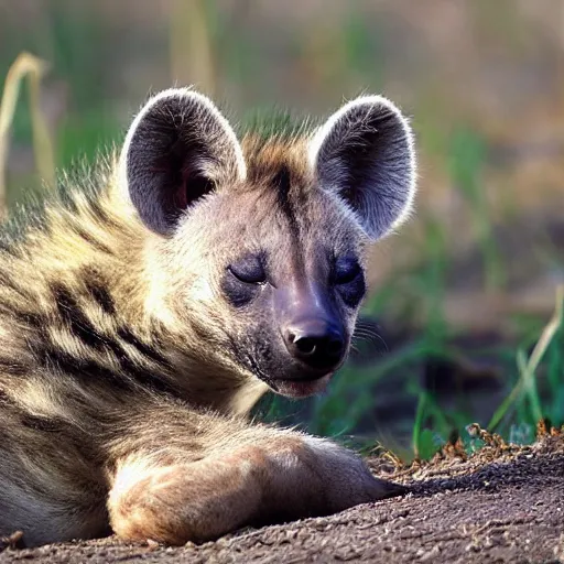 Image similar to very cute baby hyena sleeping, warm, cozy, realistic photograph, detailed