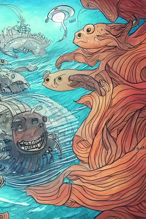 Image similar to journey to the deepest sea, art by eric - anthony johnson, sketch by jacqueline e, color by bo feng lin