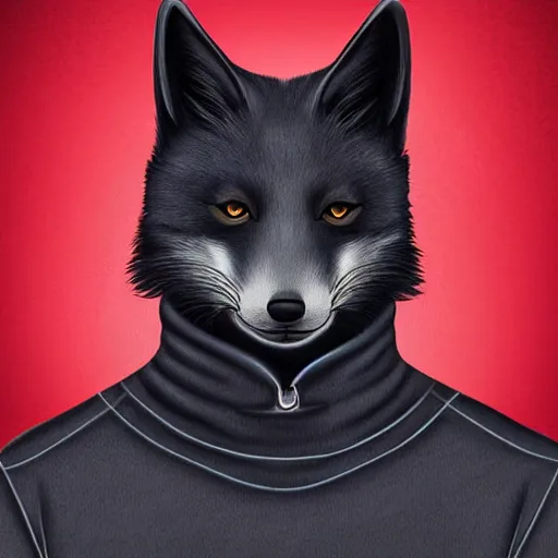 Prompt: handsome male anthropomorphic black fox, wearing a turtleneck, digital art