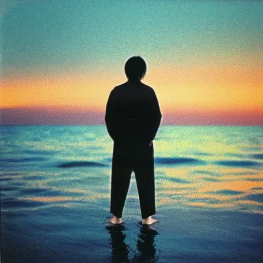 Prompt: tatsuro yamashita standing in the ocean looking at the camera, wide shot, far!!!!!!! away, zoomed out, distance!!!!!!! shot, sunset, centered!!!!!!!!!!, album cover, 1980, ride on time