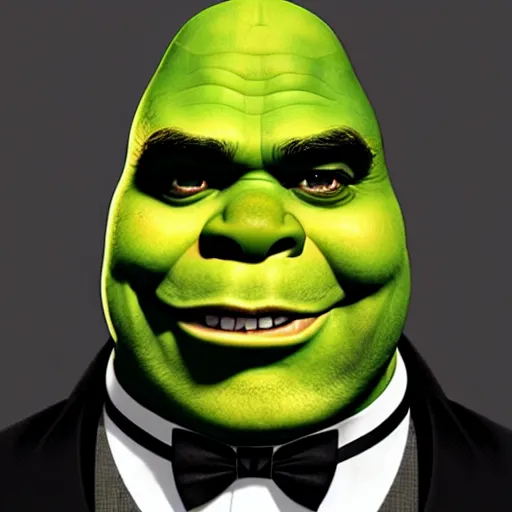 Image similar to handsome shrek in a tuxedo, highly detailed, digital painting, artstation, concept art, sharp focus, illustration, art by greg rutkowski and alphonse mucha