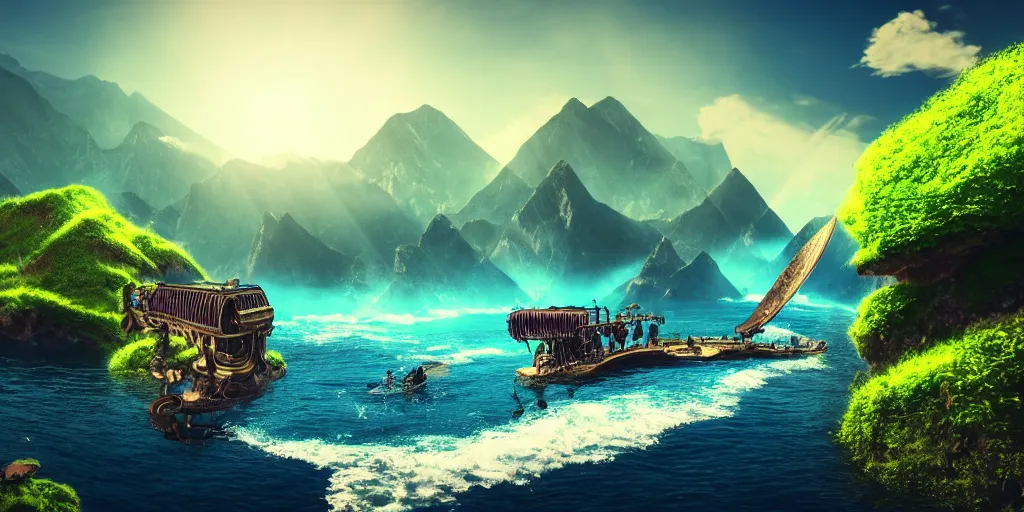 Image similar to dream, steampunk, beautiful nature, sunny day, sunshine lighting high mountains, which are higher than white fluffy clouds with green trees on top, a small wooden bridge connecting two mountains, ocean beneath the mountains with clear blue water, steel whales jumping and showing from the waves, cinematic, 8k, highly detailed