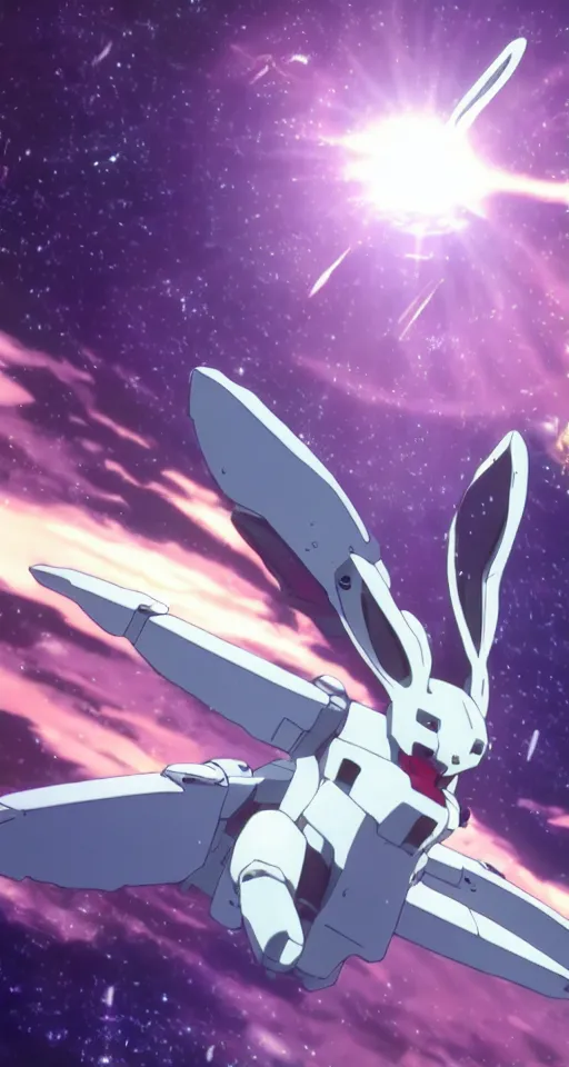 Image similar to a bunny rabbit in the science fiction anime series gundam by makoto shinkai, flying through space, cinematic, shooting star