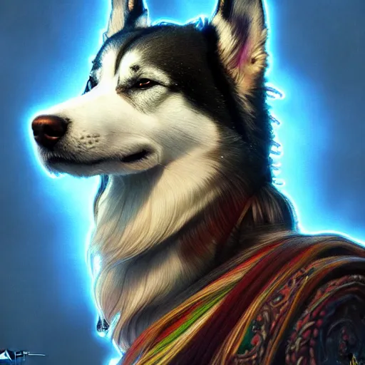 Image similar to beautiful detailed picture of a rastafarian husky, intricate, elegant, highly detailed, my rendition, digital painting, artstation, concept art, smooth, sharp focus, illustration, art by artgerm and greg rutkowski and alphonse mucha