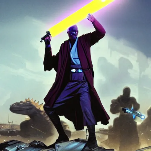 Image similar to a realistic portrait of mace windu holding a lightsaber fighting a group of dinosaurs in a destroyed cyberpunk city with lasers flying through the air by greg rutkowski