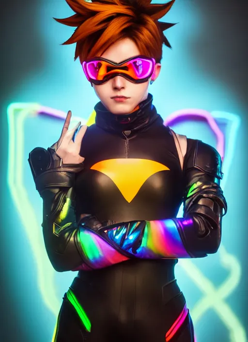 Image similar to full body overwatch style oil painting portrait of tracer overwatch, confident pose, wearing black iridescent rainbow latex, rainbow, neon, 4 k, expressive surprised expression, makeup, wearing black choker, studio lighting, black leather harness, expressive detailed face and eyes,