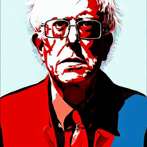 Prompt: cyberpunk bernie sanders as the leader of a futuristic communist nation, cybernetics, sharp lines, digital, artstation, colored in