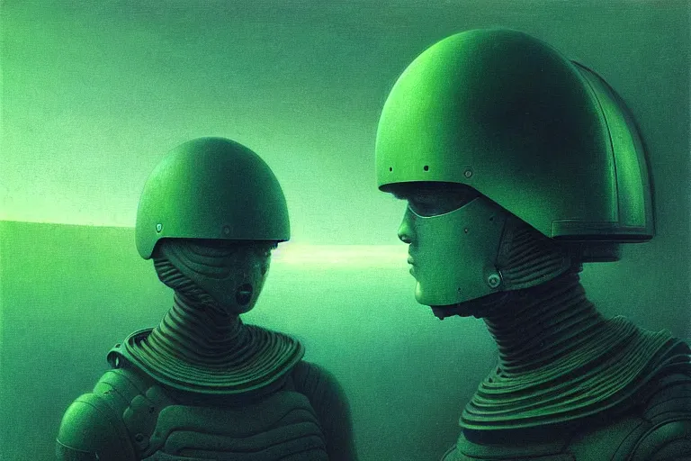 Image similar to futuristic helmet of a future soldier, in the style of beksinski, solarpunk, atmospheric, clean, intricate and epic composition, green by caravaggio, insanely quality, highly detailed, masterpiece, blue light, artstation, 4 k