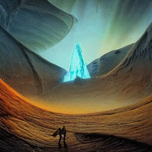 Image similar to artistic digital artwork of an epic scene on an alien planet. beautiful landscape by vincent bons, michael whelan, remedios varo and gerardo dottori. grainy and rough. interesting pastel colour palette. beautiful light. oil and water colour based on high quality render.