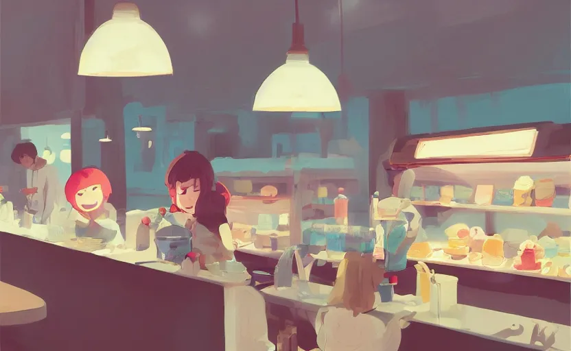 Prompt: a cute cozy ice cream shop by Atey Ghailan