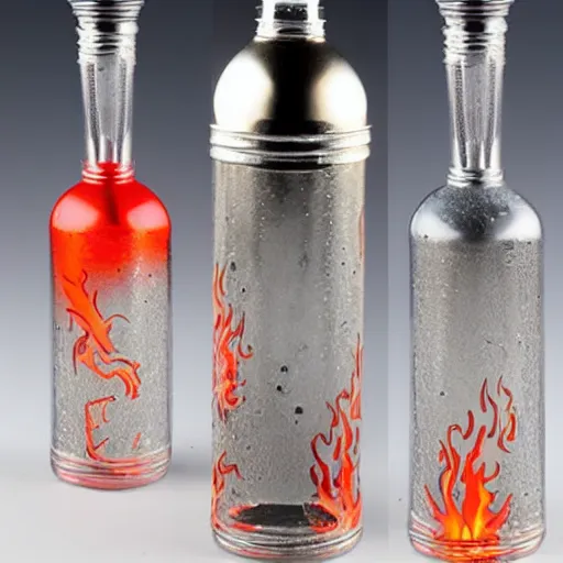 Prompt: a glass vodka bottle with minimalistic retro flame fire designs in a plique - a - jour enameling technique